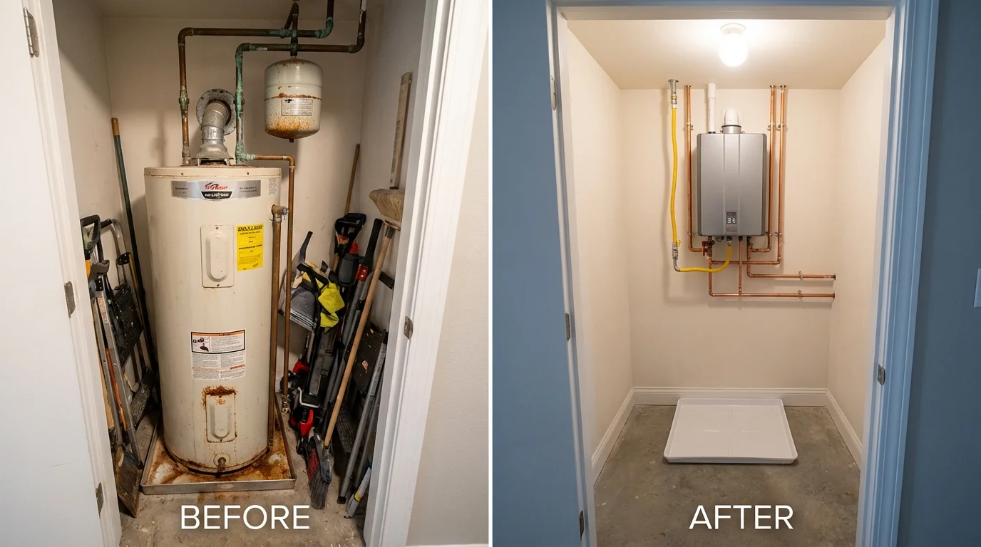 Tank water heater versus wall-mounted tankless unit comparison for Marion, MA homeowners