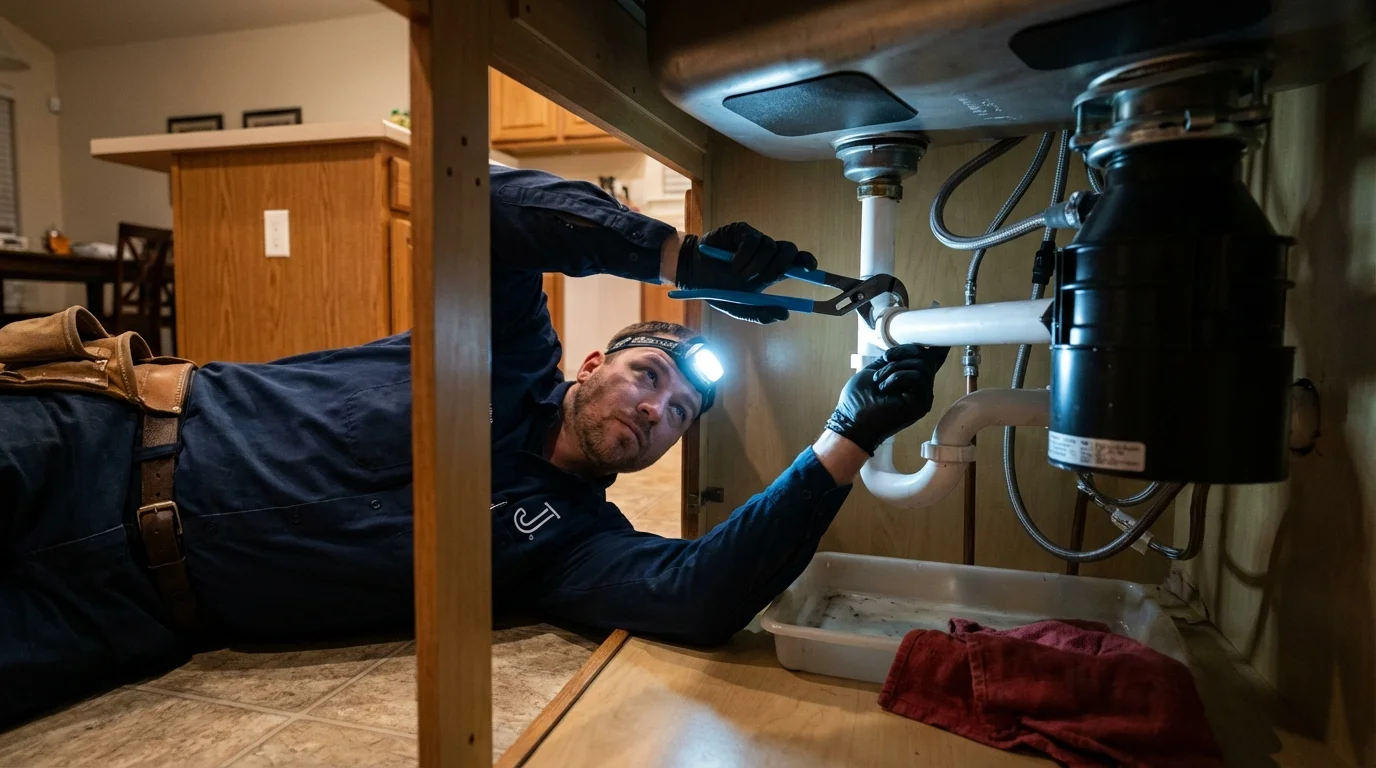 P-trap and supply line connections under a kitchen sink showing a common leak point in Marion, MA